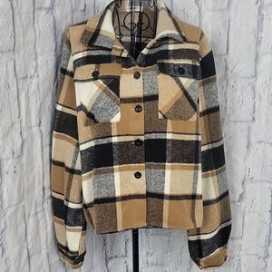 Zeagoo Plaid Button Front Black/Tan‎ Shacket Large Women's
